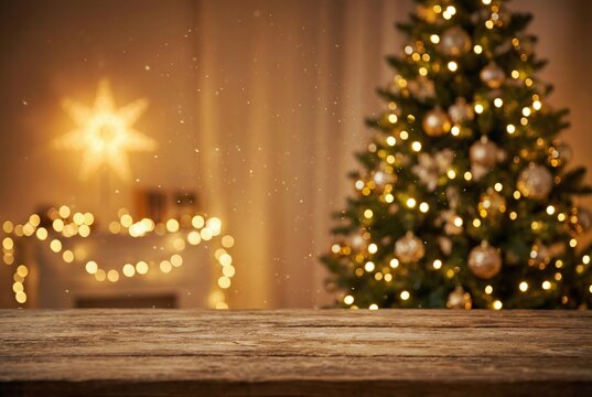 Empty rustic wooden table top with blurred cozy Christmas tree and fireplace background