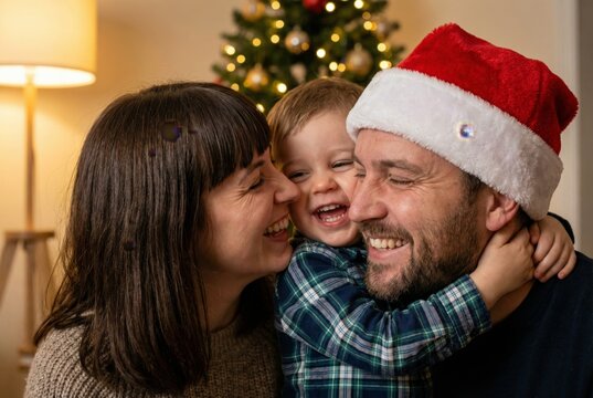 Joyful family with young son hugging and smiling near decorated Christmas tree