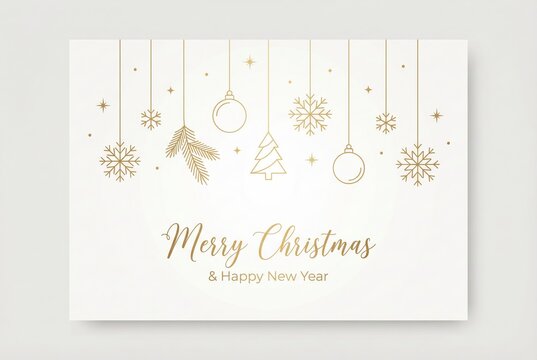 Elegant Merry Christmas card template with golden hanging ornaments line art