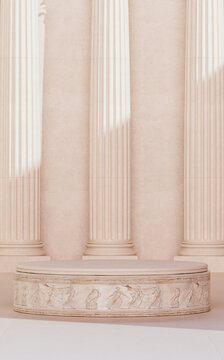 Antique podium display with classical Roman columns and relief engraving for product presentation