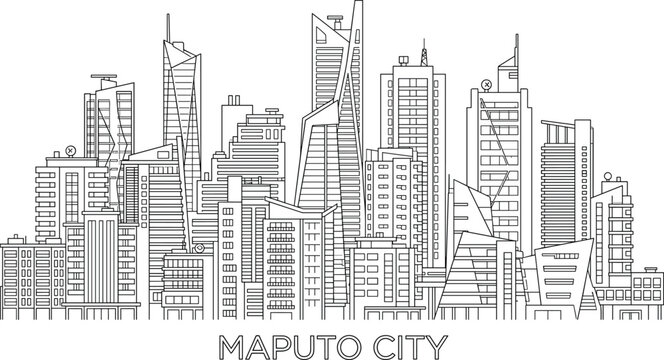 Maputo City Skyline Outline Illustration with Modern Skyscrapers and Urban Architecture Line Art