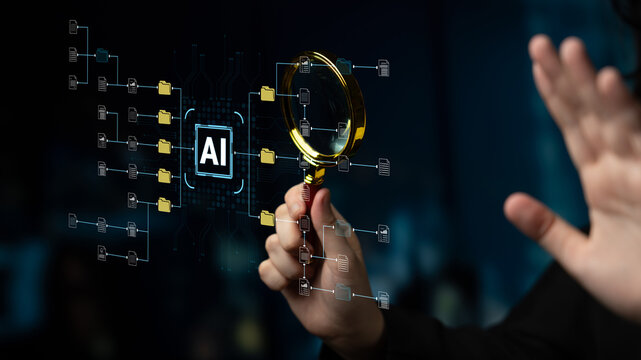 Analyzing Artificial Intelligence with Magnifying Glass Revealing Digital Connections and Data Flow in Modern Technology Concept. Sentient.