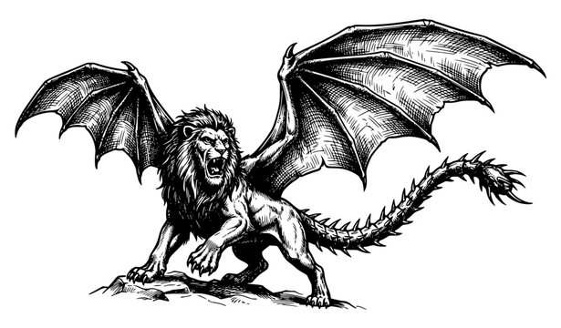 Manticore Spreading Wings Mythological Lion Beast Hand Drawn Vector
