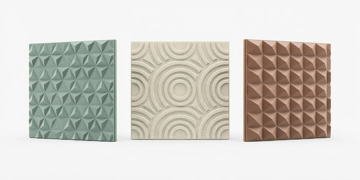 Three square wall panels with triangle, circular, and pyramid geometric patterns