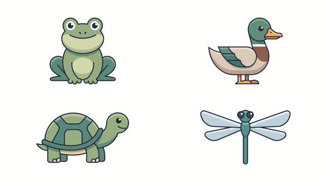 Cute Pond Animals Geometric Vector Set &ndash; Frog, Duck, Turtle and Dragonfly