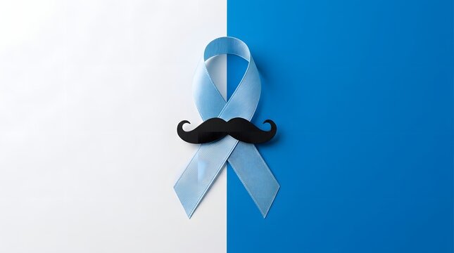 Light blue awareness ribbon with a black mustache on a split white and blue background for mens health