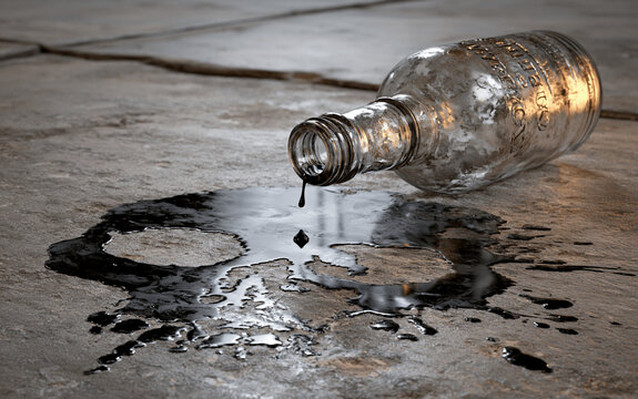 The Glass Bottle Spill A Dark Viscous Pour Creating a Skulllike Mark on Ground