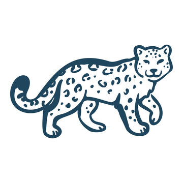 Hand drawn snow leopard in winter line art, isolated on white background, featuring spotted fur and a mountain wildlife character for seasonal designs.
