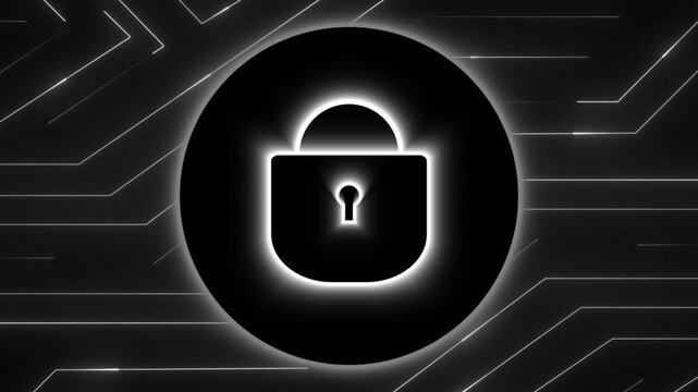 Padlock graphic animation glows inside a circular track. Encrypted cybersecurity data protection clears on padlock graphic animation. Modern computer privacy authorization confirms.