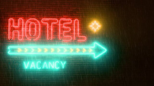 Retro neon hotel sign with flickering letters and a chasing arrow on a wet brick wall at night in the rain, vacancy sign, copy space, seamless loop