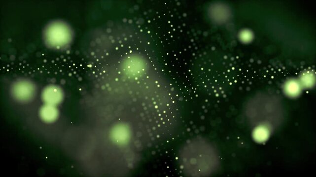 Swirling green light particles and bokeh dots on a dark background abstract motion of glowing specks and circles floating slowly in a space
