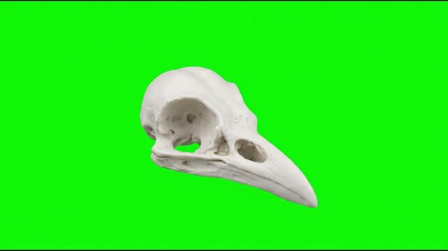 Cinematic 4K Rotating Crow Skull Bird Bone Anatomy on Green Screen Background for Compositing and Horror Visual Effects