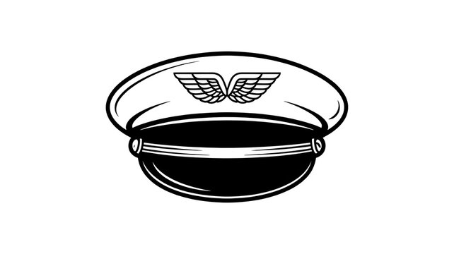 Black and white pilot hat icon with wings emblem
