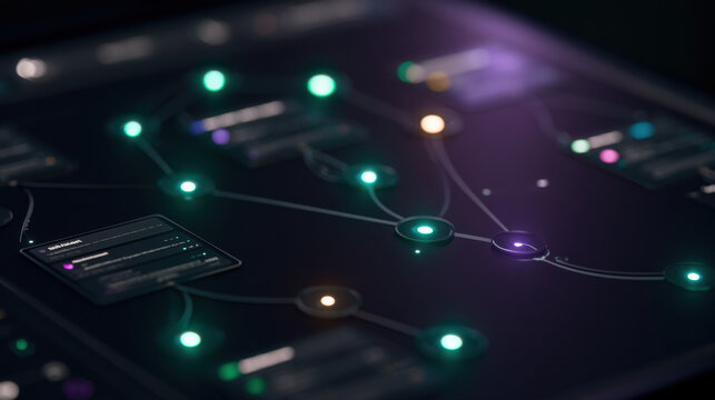 A close view of a digital screen showing a network of links and nodes. The display features colorful lights representing different data points. This scene takes place in a dark room