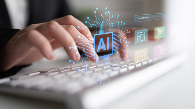 A close-up view of a hand typing on a keyboard, representing the convergence of technology and artificial intelligence with digital icons in the background. Cyphers