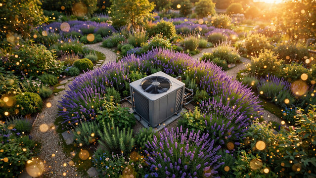 Outdoor Air Conditioning Unit Surrounded by Blooming Lavender Garden at Golden Sunset