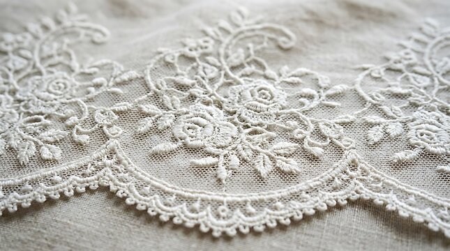 Beautiful white floral lace fabric with delicate embroidery pattern isolated on a simple clean white background