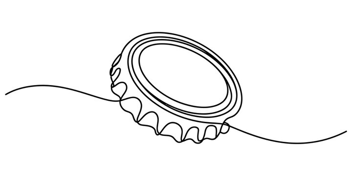 A continuous one line drawing of a metal bottle cap for a drink or beer beverage illustration in a simple minimalist style isolated on transparent background