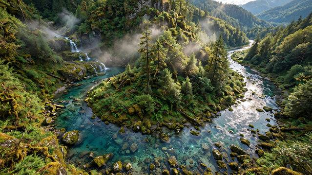 Misty Waterfall Cascading Into Turquoise River Through Lush Mossy Old-Growth Forest Canyon