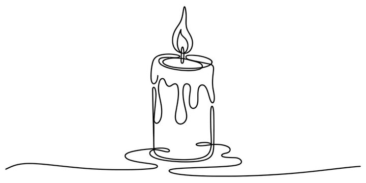 A single continuous line drawing of a burning candle with wax dripping down the side in a simple minimalist art style isolated on transparent background