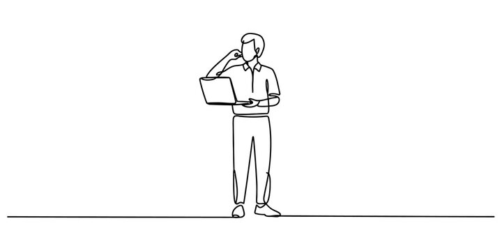 A man standing and thinking while holding a laptop in a continuous single line drawing style vector illustration for business isolated on transparent background