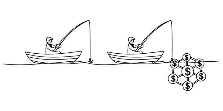 Two fishermen in boats catching money with fishing rods representing business competition and financial success in a market isolated on transparent background