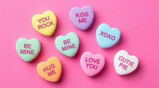 Colorful valentines day conversation hearts on pink background