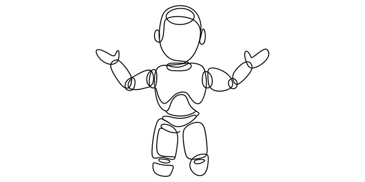 A simple continuous single line drawing of a friendly robot character standing with open arms gesture for modern technology isolated on transparent background