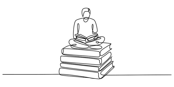 A single continuous line drawing of a person sitting in a lotus pose while reading a book on top of a stack of many books isolated on transparent background