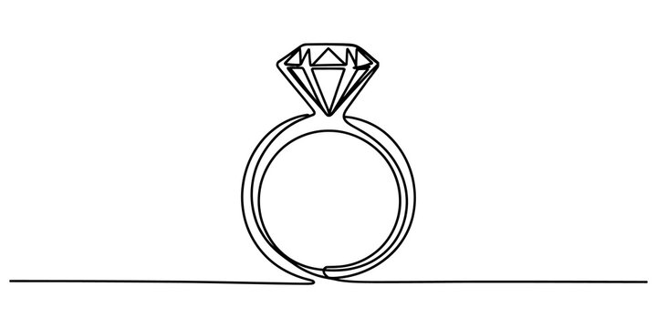 Continuous single line drawing of an elegant diamond engagement ring as a simple artistic symbol for wedding and love isolated on transparent background