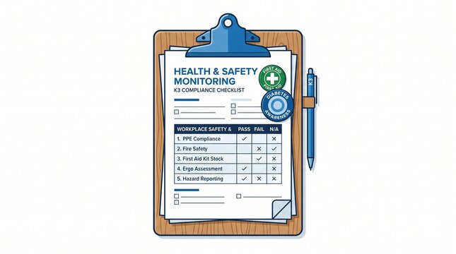 Health and Safety Monitoring Checklist on Clipboard with K3 Compliance and First Aid Badges, Occupational Workplace Safety Assessment Illustration