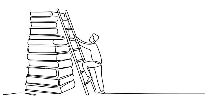 A person climbing a ladder leaning against a tall stack of many books representing learning progress and academic success isolated on transparent background