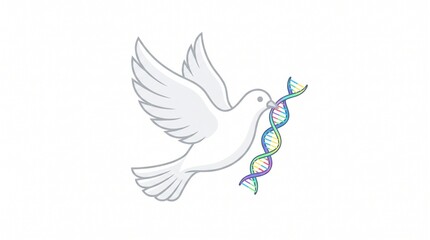 Obraz premium Minimalist illustration of a white dove flying with a colorful DNA double helix in its beak, representing bioethics, genetic research, and medical hope on a clean white background.