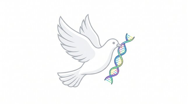 Minimalist illustration of a white dove flying with a colorful DNA double helix in its beak, representing bioethics, genetic research, and medical hope on a clean white background.