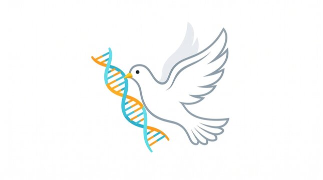 Minimalist illustration of a white dove carrying a DNA double helix in its beak, representing the concept of biotechnology, genetic peace, bioethics, and scientific hope on a clean white background.