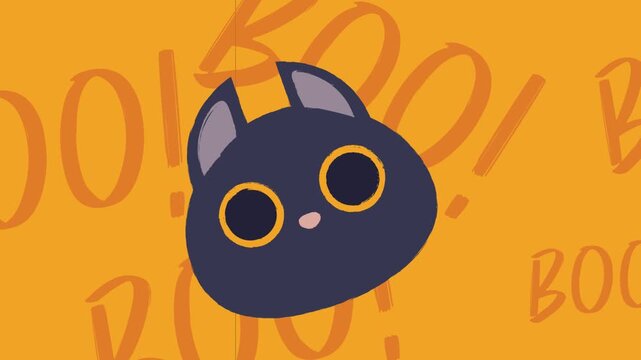 Animated cute black cat with BOO text Halloween background