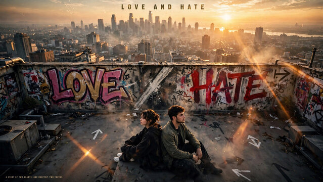 Young Couple Sitting Back to Back on Urban Rooftop with Love Hate Graffiti