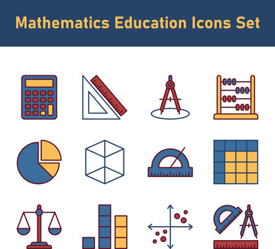 Calculator, Ruler, Triangle, Compass, Abacus, Pie Chart, Cube, Protractor, Grid, Balance Scale, Bar Chart and Coordinate Graph Mathematics Education Icons
