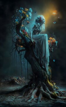 M&iacute;stica criatura de fantas&iacute;a o hada sentada sobre un &aacute;rbol retorcido en un bosque oscuro y m&aacute;gico iluminado por luci&eacute;rnagas