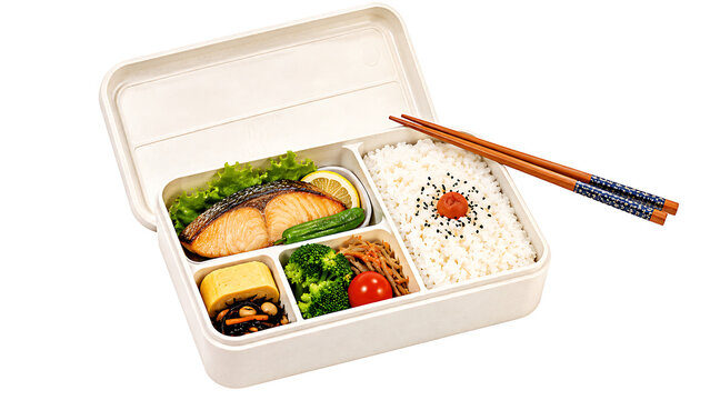 Japanese style bento lunch box filled with fresh food and wooden chopsticks isolated on white