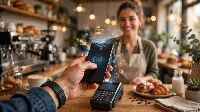 Customer Making Contactless NFC Smartphone Payment at Cafe Counter