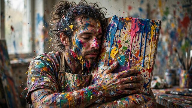 Exhausted Male Artist Sleeping Against Colorful Paint Splattered Canvas