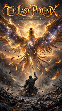 Armored Warrior Raises Sword Toward Blazing Phoenix Rising Skyward