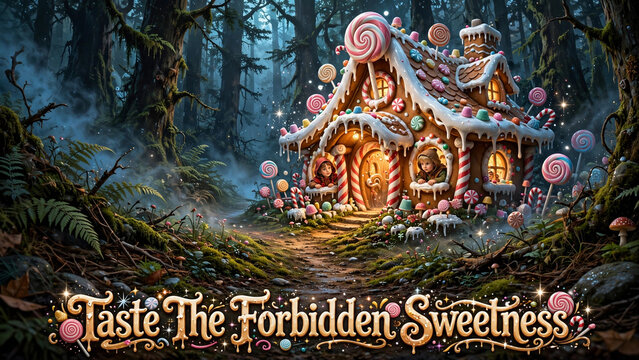 Enchanted Gingerbread Candy House Glowing in Dark Forest