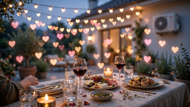 Romantic Outdoor Dinner Table with Heart Lights and Wine