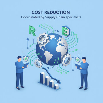 Supply chain specialists monitoring global cost reduction strategies with detailed globe gears and decreasing business expense bar chart arrow