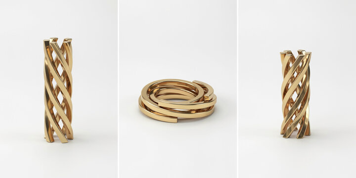 Three views of gold metal spiral sculptures with interlocking circular ring structures