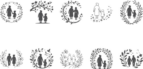 Fototapeta premium Family icons showing mother and child connection, love and support within floral decorative frames.