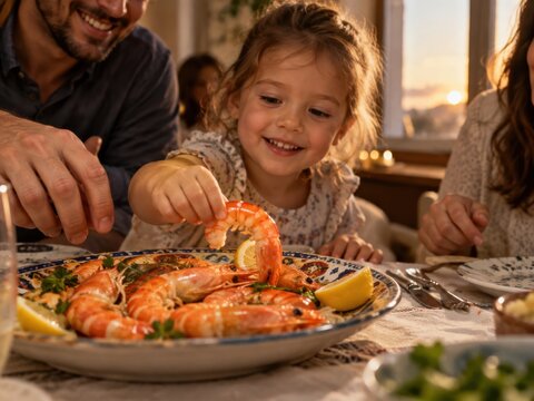 Fr&ouml;hliches kleines M&auml;dchen greift beim gemeinsamen Familienessen nach einer gro&szlig;en Garnele. Warme Lifestyle-Szene mit spanischen Meeresfr&uuml;chten und famili&auml;rem Genuss.
