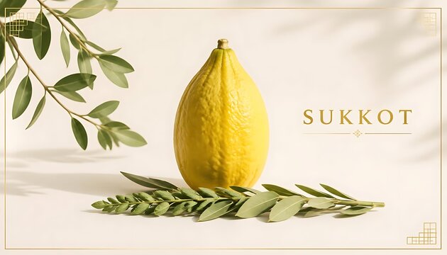 Traditional etrog fruit and lulav on beige background with sukkot greeting text and light shadow greeting festival tradition religion botanical background celebration ceremonial